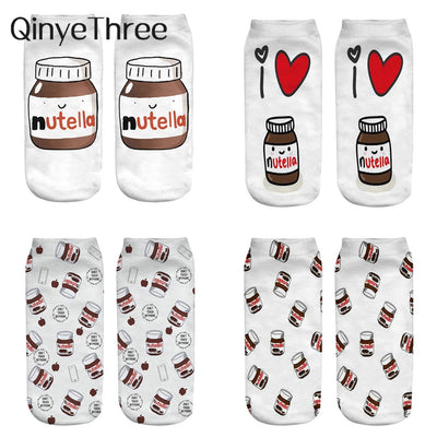 Qinye Three Women/kids funny cute 3D print white "Nutella" character socks